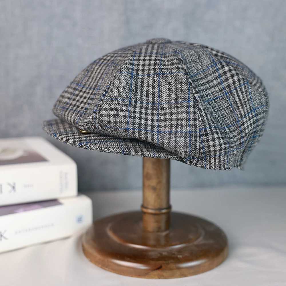 2025 New Men Wool Houndstooth Newsboy Hat Women Gatsby Cap Retro Gray Beret Hat Women Spring Autumn Winter Plaid Hat 013