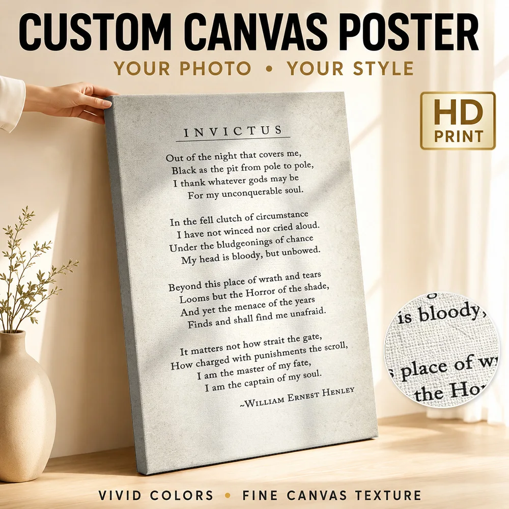William Ernest Henley Invictus Framed Canvas Print Personalized Photo Vintage Parchment Illustration Wall Art For Reading Nook