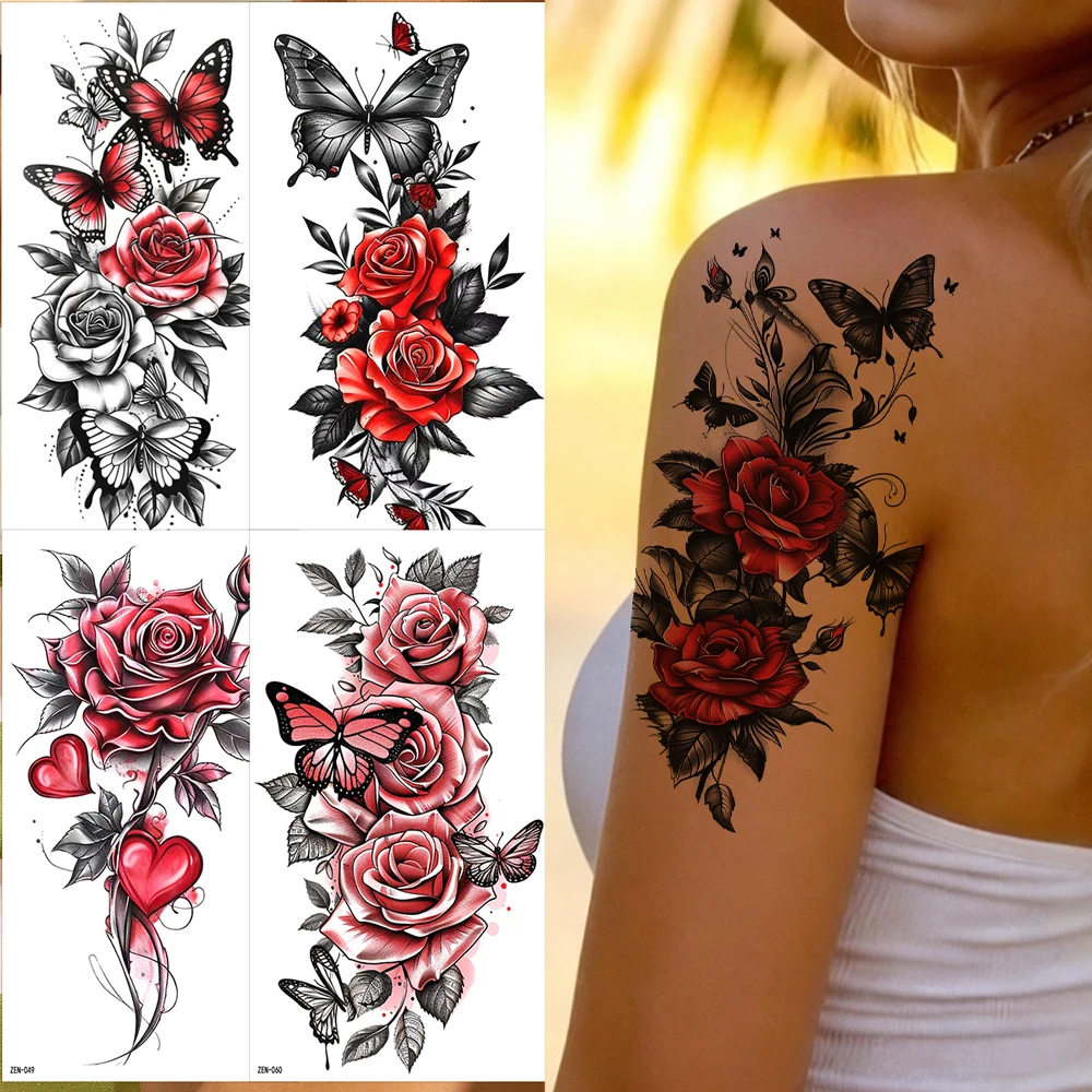 1 Stück Wasserfeste Blumen-Temporäre Tattoos für Frauen, Schmetterling-Blumen-Design, Sexy Frauen-Tattoo, Fake-Tattoo für Hand, Bein, Körperkunst