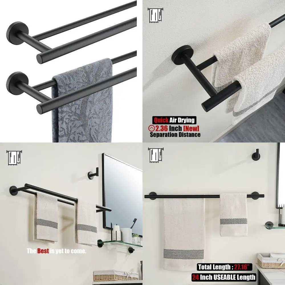 

24 Inch Usable Length Matte Black Stainless Steel Towel Bar, Thick 0.8mm, Bath Towel Rack for Bathroom, Double Towel Bar 27 Inch