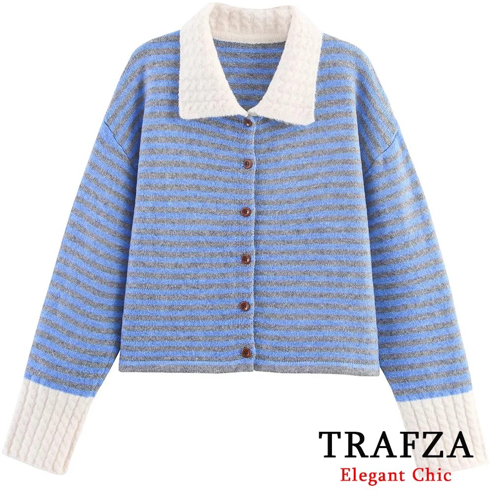 

TRAFZA Women Casual Patchwork Cardigan Button Lapel Knitted Jacket Coat New Fashion 2025 Fall Winter Lovely Outing Knit Cardigan