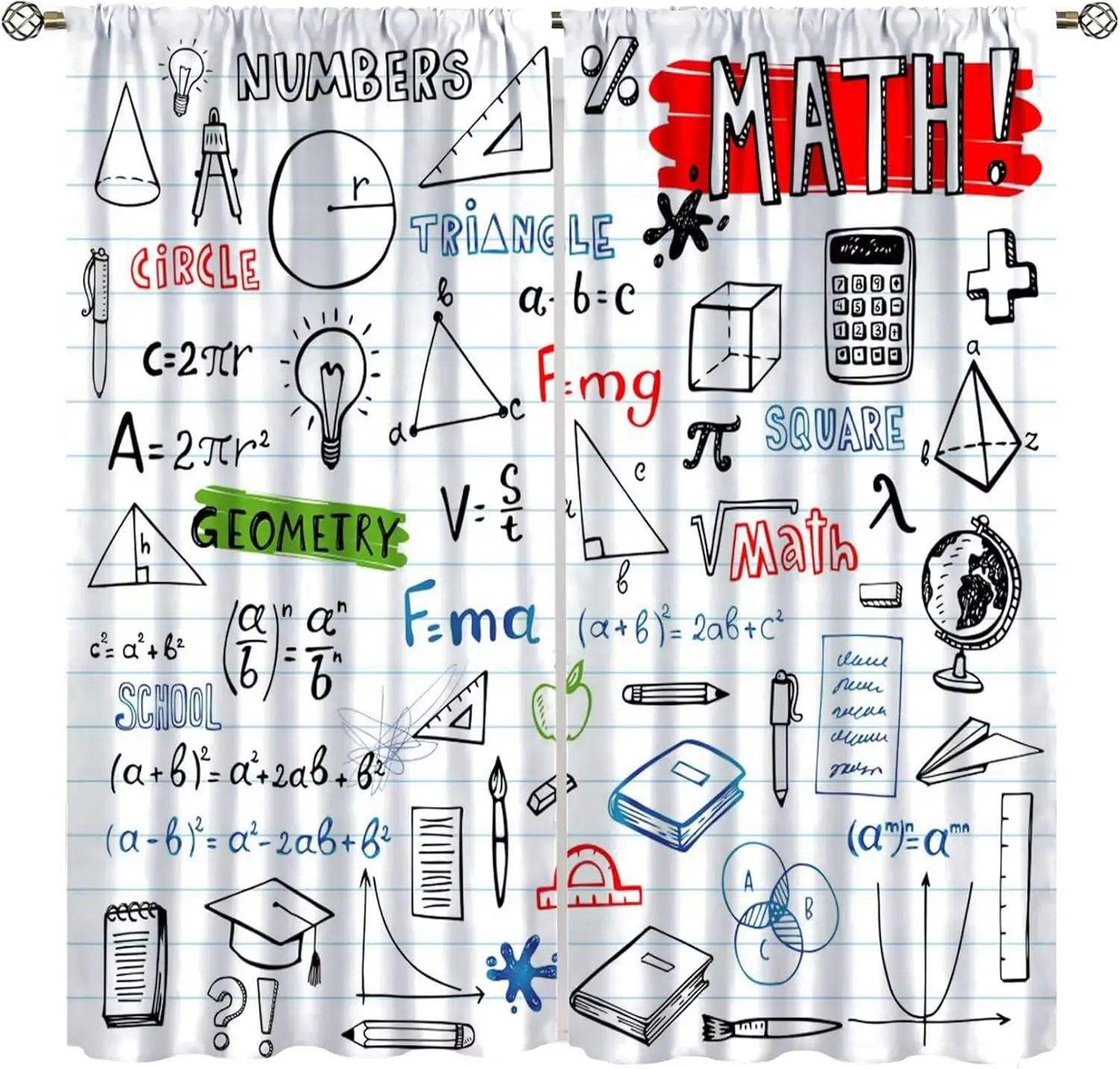 Math Science Blackout Curtain,for Boys Girls Theme Equation Geometry Window Curtains Cloth Farbic Bedroom Cafe Dining Room