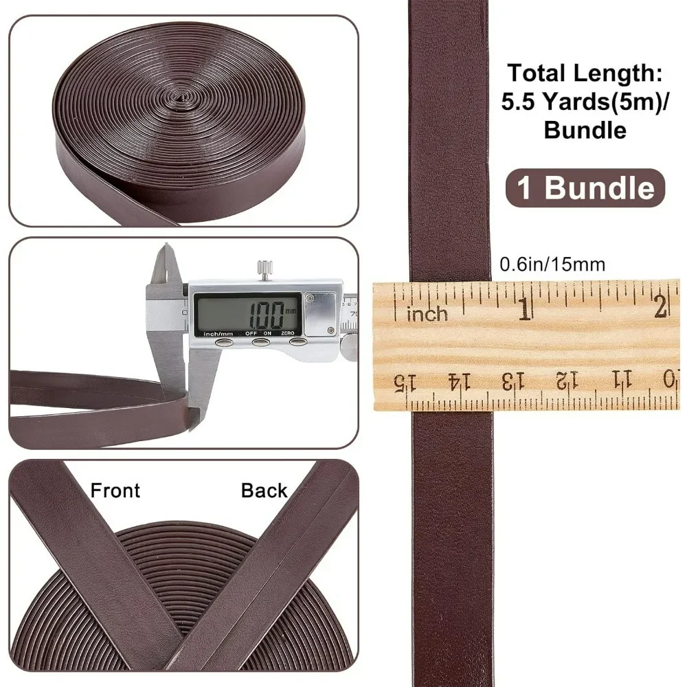 5m 15mm Wide Leatherette Strap Foldover Leather Strips String Leather Trimming Tape Lychee Grained Imitation Flat Leather Cord