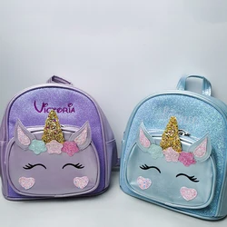 New Cute Cartoon Children Girls Backpack PU Outdoor Travel Light Backpack Personalized Embroidery Name Kids Gift Bag