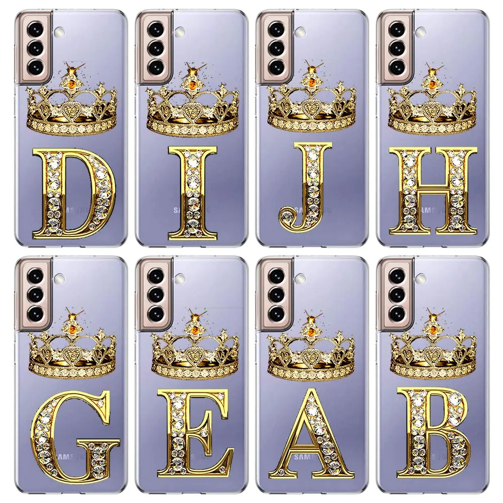 Diamond Crown Letter 26 Letters Phone Case For Samsung Galaxy S23 S22 S20 Ultra S21 FE 5G S10 S9 Plus S10E S8 Note 20 Soft Cover