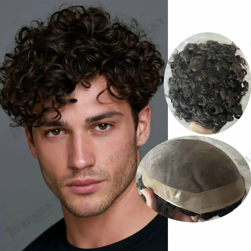 18mm/20mm Curly Men's Capillary Prothesis Durable Fine Mono NPU Men Toupee 100%Human Hair Wigs 15mm Curly Hair System Man Topper