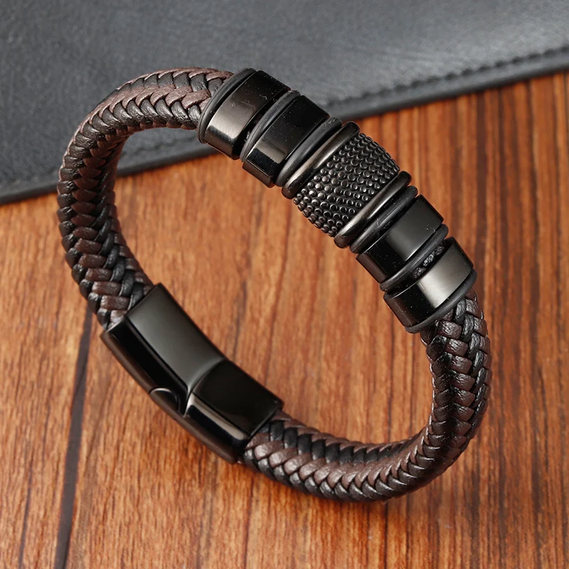 Brand Fashion Handmade Men\'s Leather Bracelet Trendy Classic Charm Braided Wrap Stainless Steel Bracelets Punk Bangles