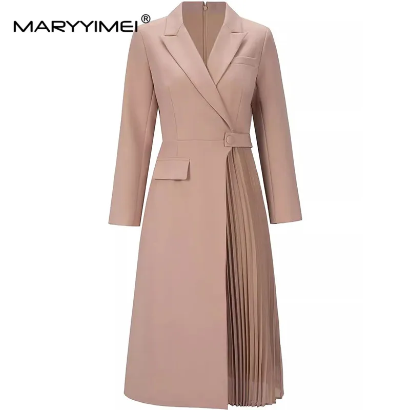 

MARYYIMEI Autumn and winter New Style Women's Dress Notched Long Sleeved Pleated Splicing Black/khaki Color Solid Color Dresses