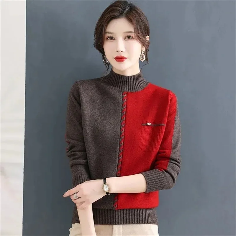 New Semi-Turtleneck Thick Sweater Women Bottoming Shirt 2025 Autumn Winter Western Style Ladies Fashion Color Matching Knitwear