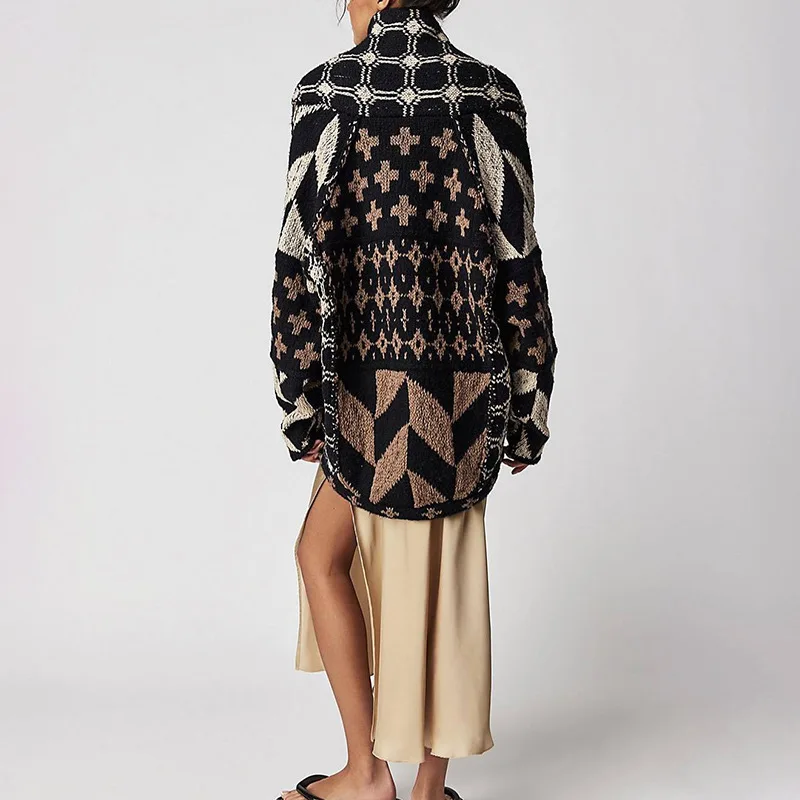 Warm Chic Ethnic Pattern Embroidery Women Sweaters Casual Loose Long Sleeve Sweater Cardigan Vintage Knitted Autumn Winter Coats