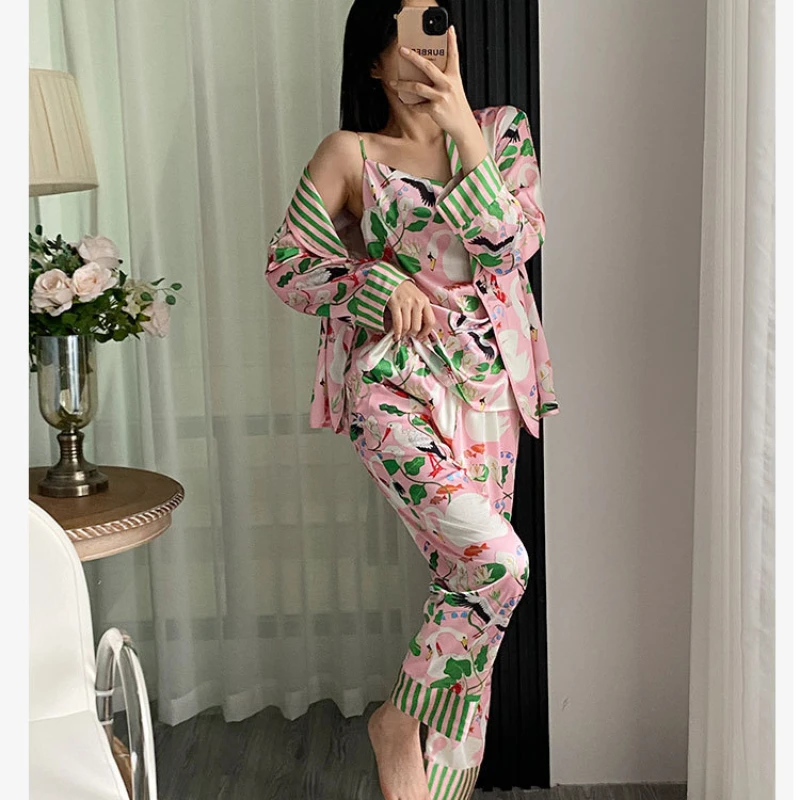 2024 Pink Printed Cartoon Spliced 5-Piece Ice Silk Pajamas Women Spring/Summer Loose Top+Suspended Skirt+Pants Set Home Clothes