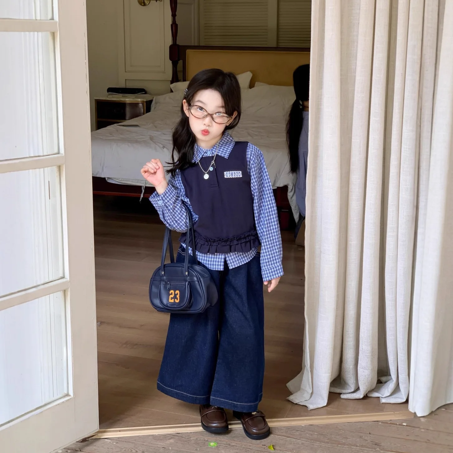 Girls Suit 2025 Spring and Autumn New Childrens Clothing Korean Style Girls Baby Blue Check False Two Tops Jeans Two Sets