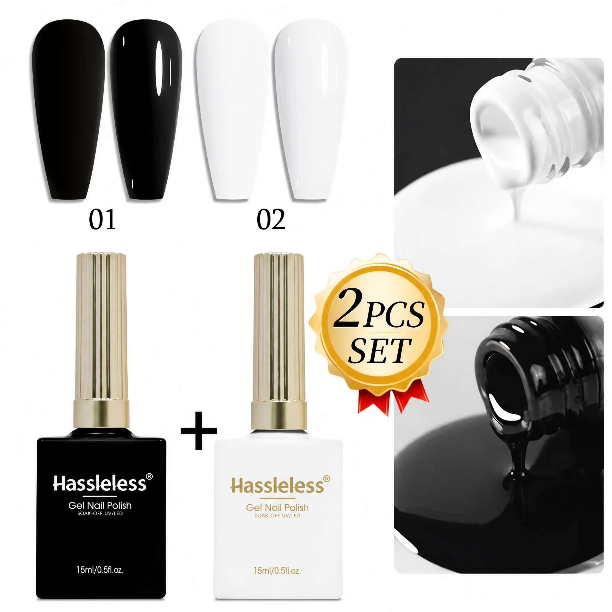 Hassleless 2Pcs 0.5 oz Removable Semi-Permanent Nail Polish Gel, Suitable for DIY Nail Art Creations, Compatible with General Use, Suitable for Professional Salons and Home Use, Black and White Nail Gel, Create Gel Nai