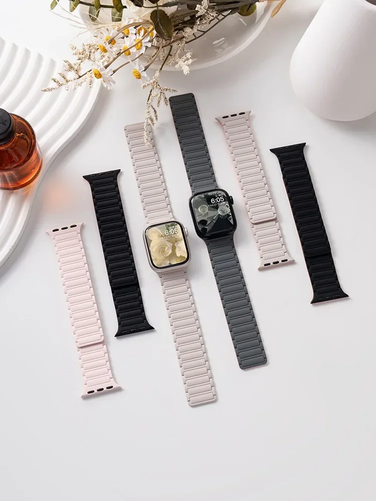สายซิลิโคนสําหรับ Apple Watch 46 มม.42 มม.49 มม.45 มม.41 มม.44 มม.40 มม.แม่เหล็กสําหรับ IWatch Ultra 2 Series 10 9 8 7 6 SE 5 4 3