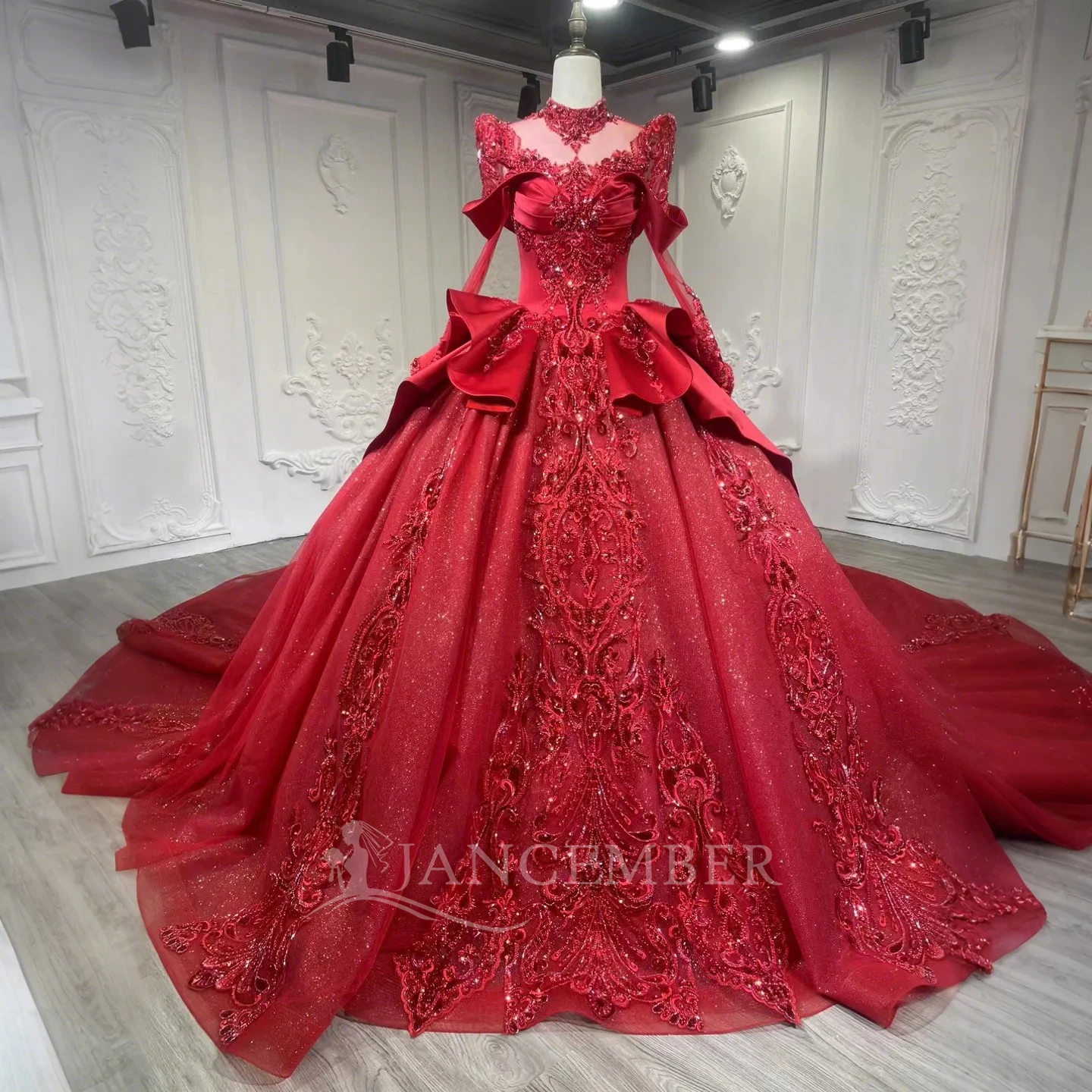 

Newest Wedding Dress Ball Gown High Collar WIth Long-Open Back Long Sleeves Court Train Custom Made Plus Sizes Vestidos De Novia