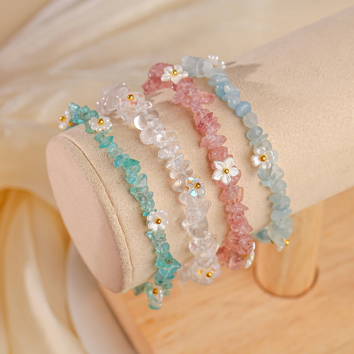 

Natural Aquamarine Crystal Chip Stone Chain Bracelets Fashion Sweet Shell Flower Adjustable Reiki Healing Female Birthday Gift
