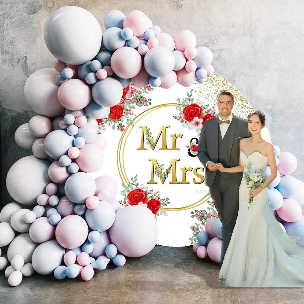 

Miss & Mrs Wedding Round Backdrop Bridal Shower Rose Party Decor Floral Anniversary Custom Name Elastic Circle Background Cover