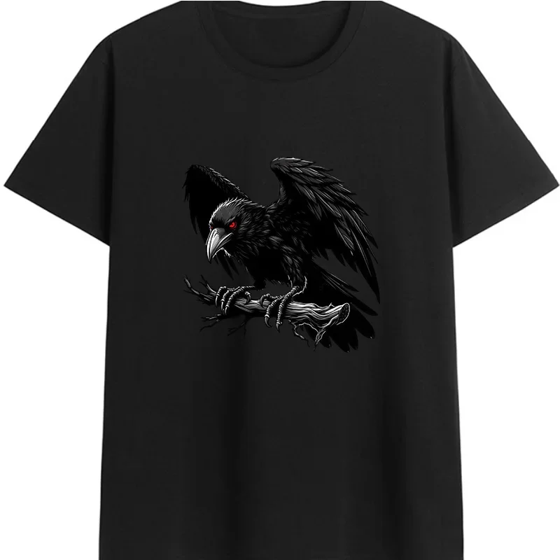 Gothic Black Raven Crow On Branch Graphic T‑Shirt Red Eyes Bird Print Short Sleeve O‑Neck Casual Streetwear Loose