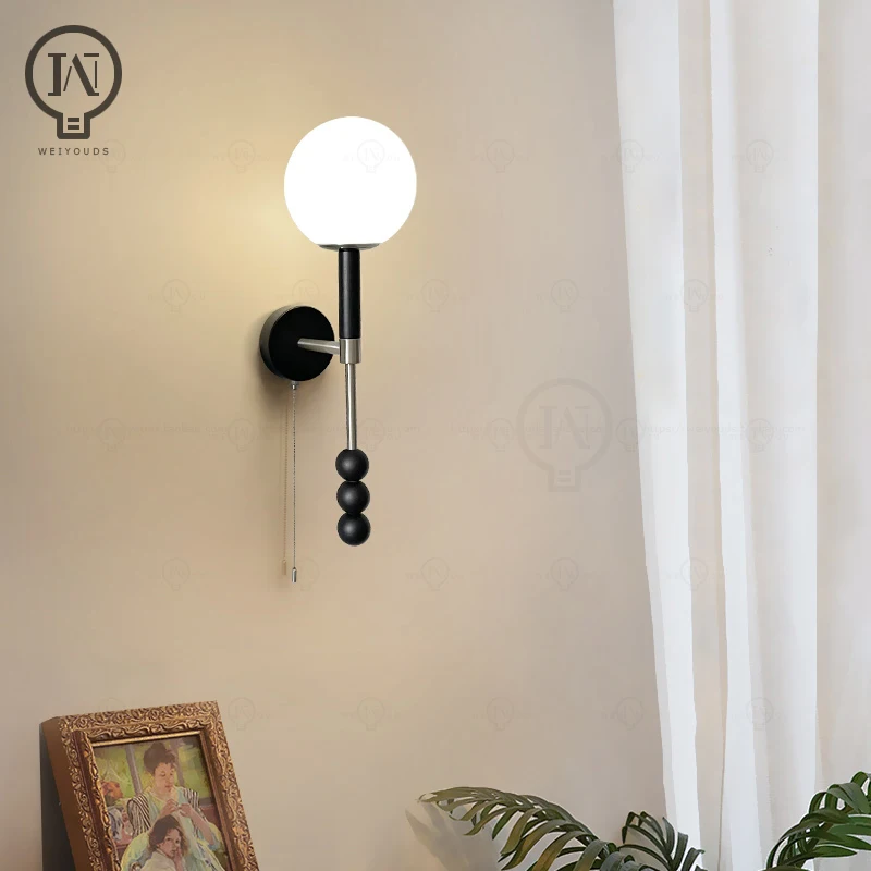 

Pull rope switch wall lamp, simple and modern bedroom bedside wall lamp, study Nordic living room background wall lamp