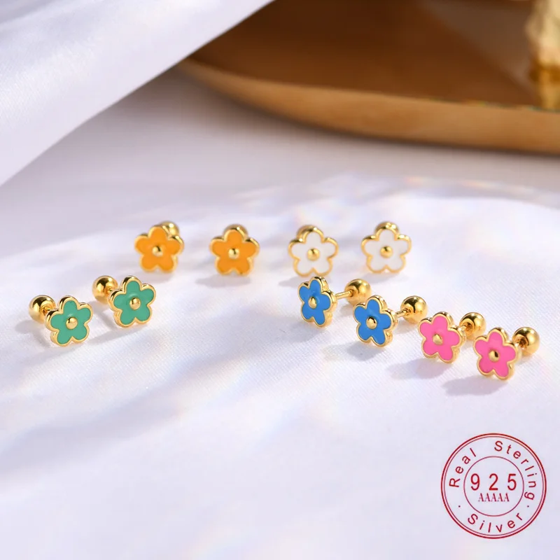 

Серьги из стерлингового серебра 925 пробы, модные красочные капельные масляные цветы, серьги с винтами для женщин, изысканные корейские темпераментные ювелирные изделия, подарок