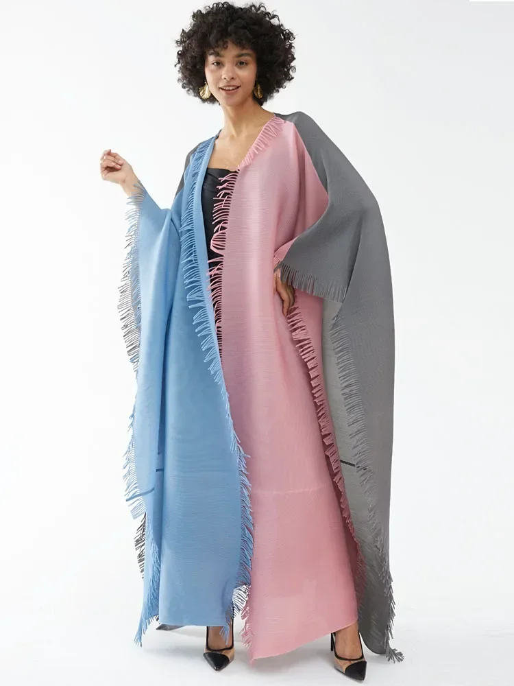 Miyake Pleated Patchwork Color Tassel Windbreak Women 2024 New Dubai Cardigan Shawl Batwing Sleeves Plus Size Designer Cape Coat