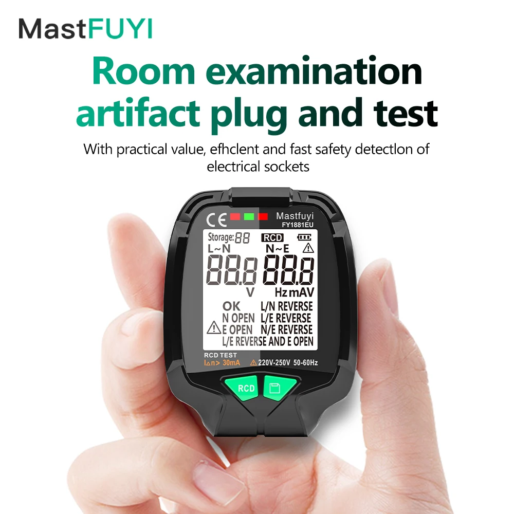 

MASTFUYI Digital Outlet Socket Detector Voltage Test RCD Large display Socket Testers US/UK/EU Plug Ground Zero Line Phase Check