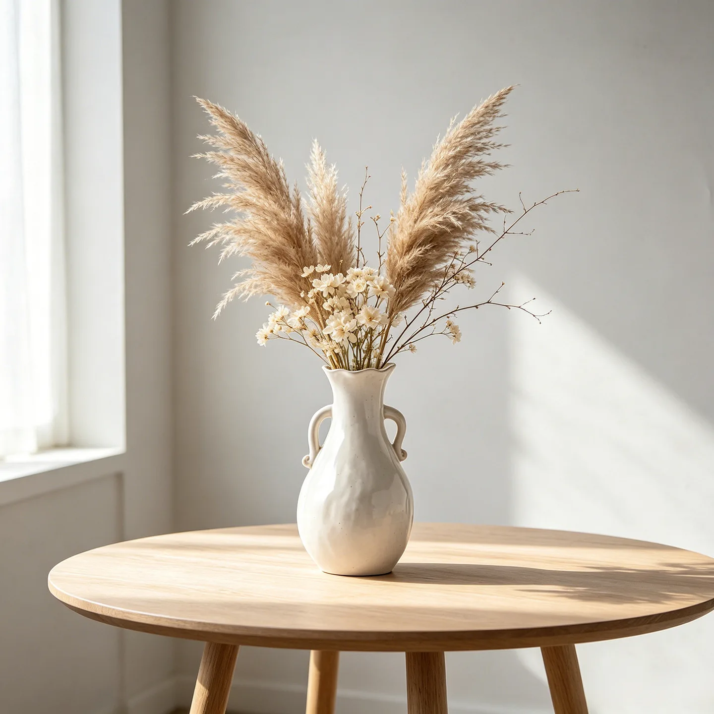 Amphora Nordic Ceramic Flower Vase Two Handles Vintage Creamy White Wavy Rim Jug Pot Tabletop Centerpiece Home Living Room Decor