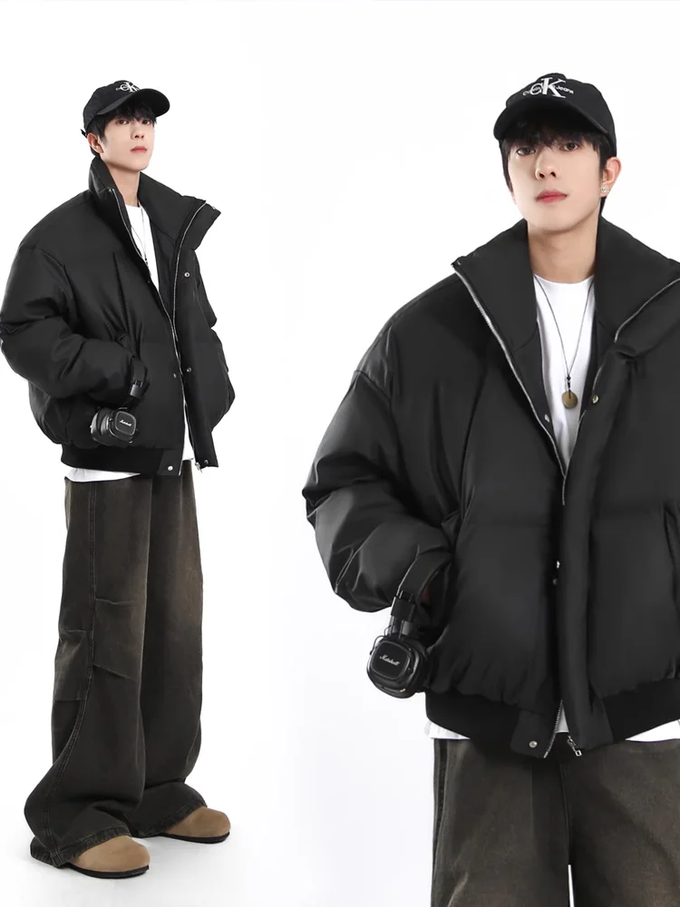 

Premium ort PU Leather down Cotton Jaet Men's Thiened Stand Collar Bread Sle Coat Couple's Cleanfit Winter Coat