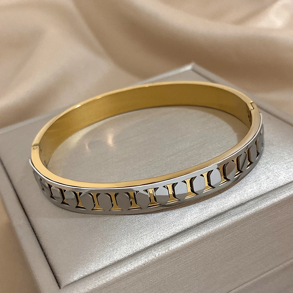 أزياء هندسية الذهب والفضة اللون الفولاذ المقاوم للصدأ الكفة الأساور للنساء لامعة السلس أساور المعصم مجوهرات للماء #1