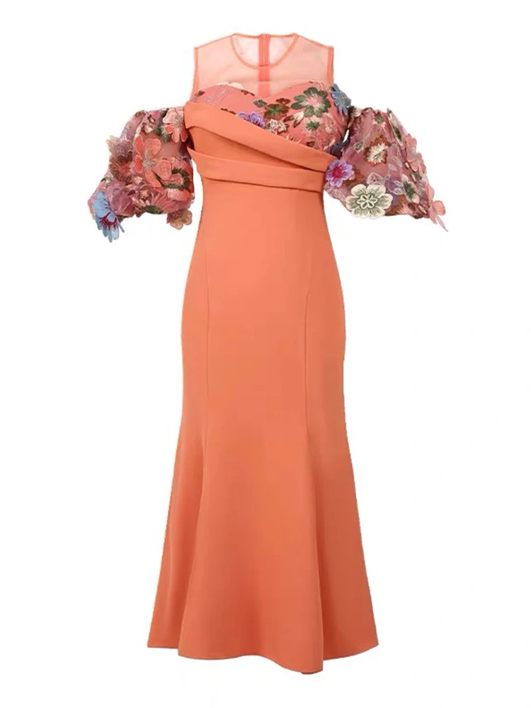 Sweet Luxury Ceremonial Dress Women's Celebrity Orange Flower Embroidery Sheer Mesh Splice Fishtail Robe Party Catwalk Vestidos