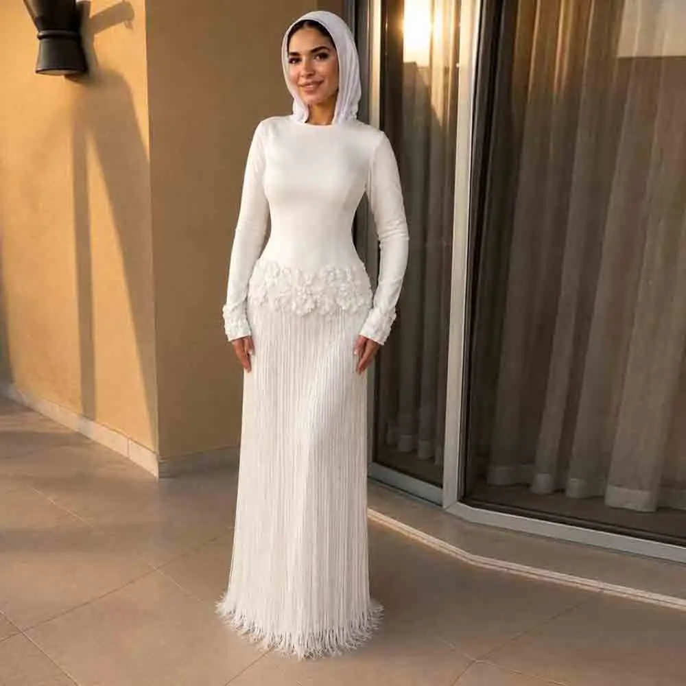 Maßgeschneidertes, dezentes muslimisches Abendkleid mit Fransen, O-Ausschnitt, langen Ärmeln, Hijabi-Hochzeitsgast-Outfit, 3D-Blumenspitze, Quasten-Ballkleid