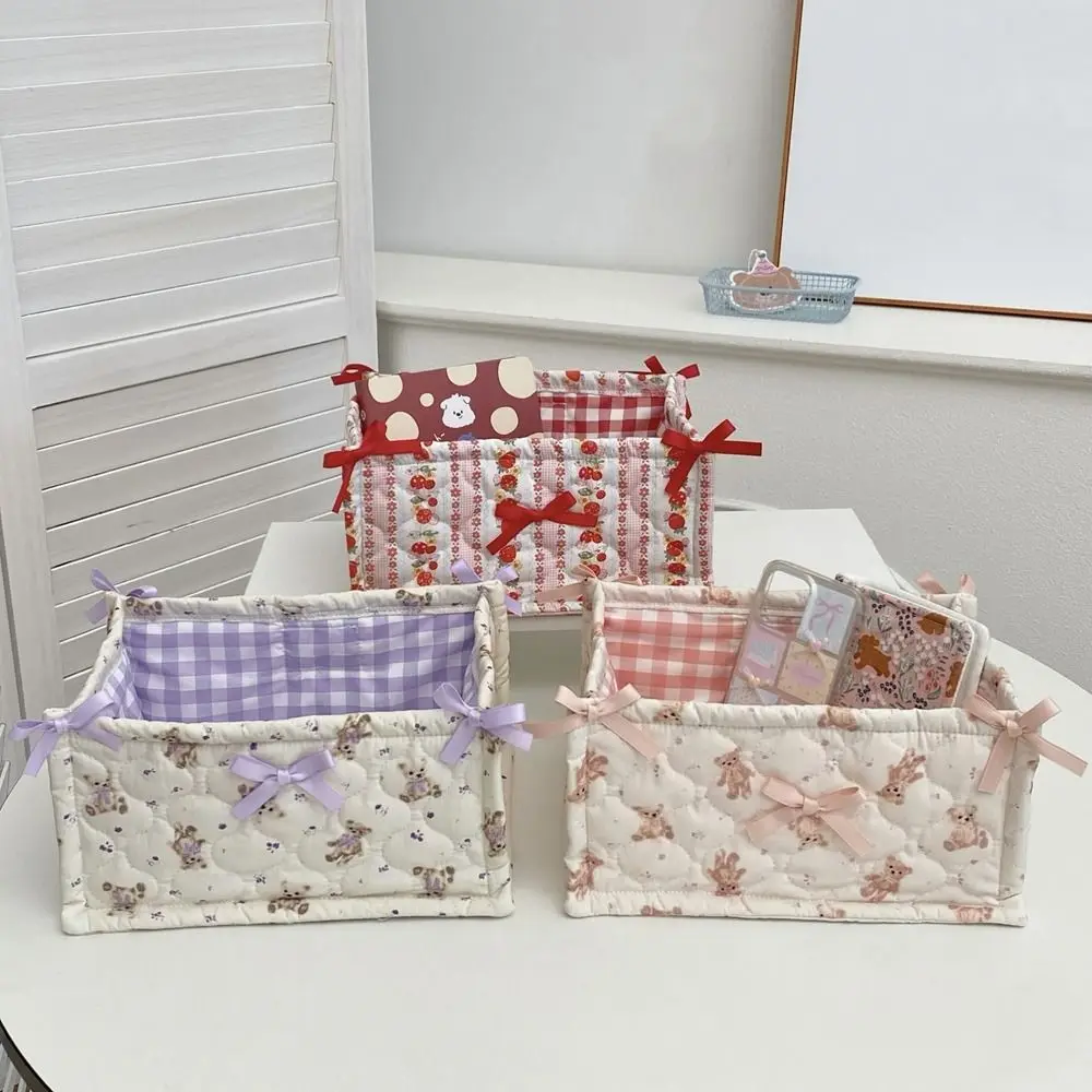 

Cotton Quilted Storage Basket Square Ins Style Desktop Storage Basket Bear Pattern Soft Sundries Organizing Bag Cosmetics