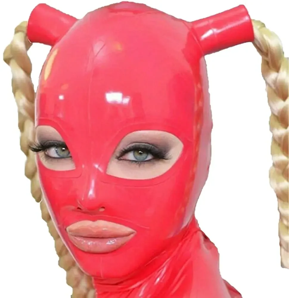 

Latex Hood with Blond Ponytail Wigs Pigtail Hair Beautiful Girl Headgear Rubber Mask Halloween Costumes for Women