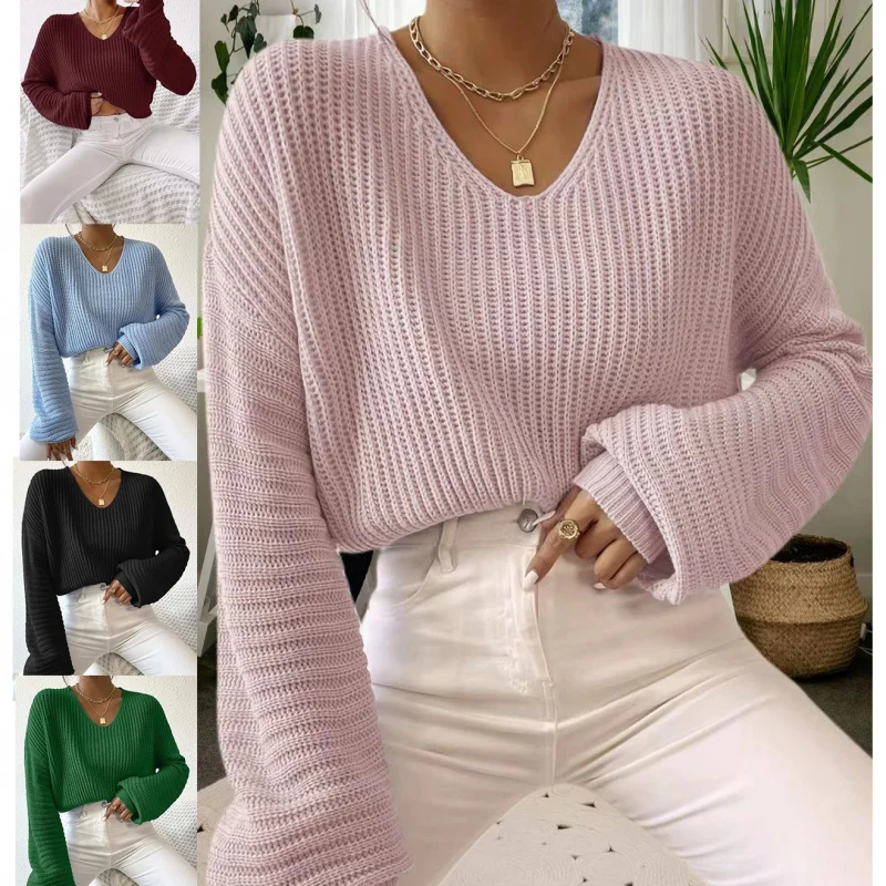 

Simple Knitted Long Sve Women's Sweater V-Ne Pure Color Autumn Winter Faion Batwing Sve Hooded Crew Ne Pullover