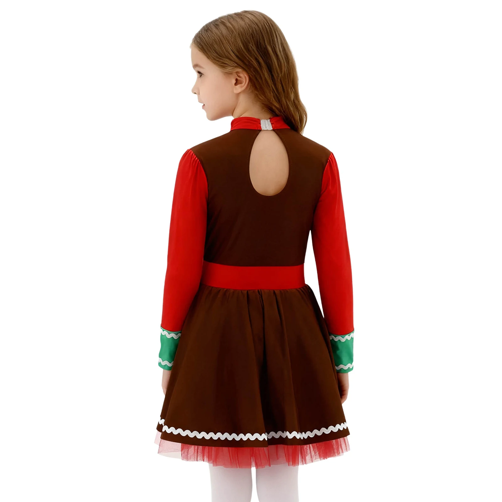 Girls Christmas Gingerbread Man Cookie Role Play Costume Long Sleeves Mesh Dress Xmas Party Ballet Dance Figure Skating Leotard