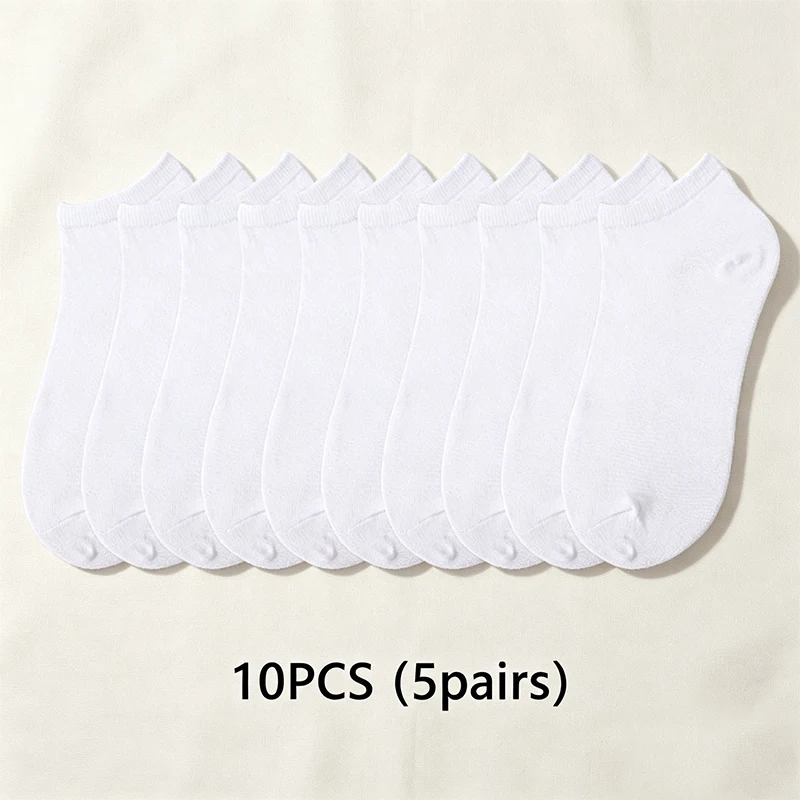 10 PCS/5 Pairs of Breathable Lightweight Moisture-Wicking Simple Easy-Matching Pure-Colored Socks for Men and Women