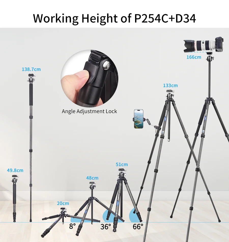 Kohlefaser-Stativ-INNOREL P254C Tragbares, kompaktes, leichtes Reisestativ und Einbeinstativ für digitale DSLR-Kameraständer, Belastung 12 kg – Detail 11