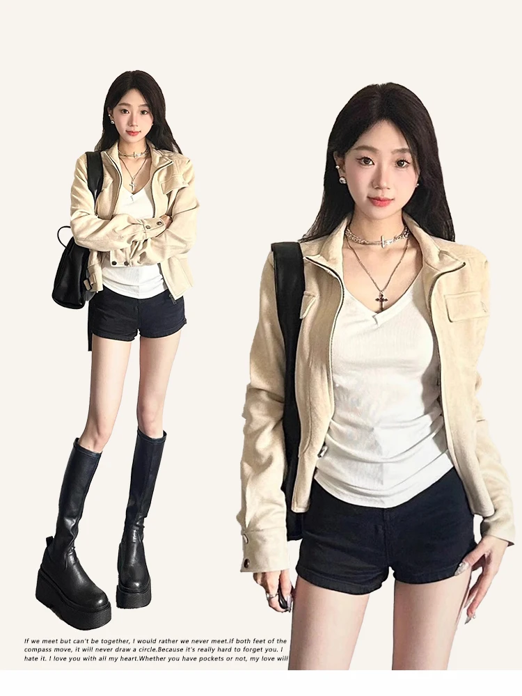 

Women's Apricot Gothic PU Leather Jacket Coat Vintage Streetwear Motorcycle Jacket Vintage Oversize Outerwear 2000s Clothes