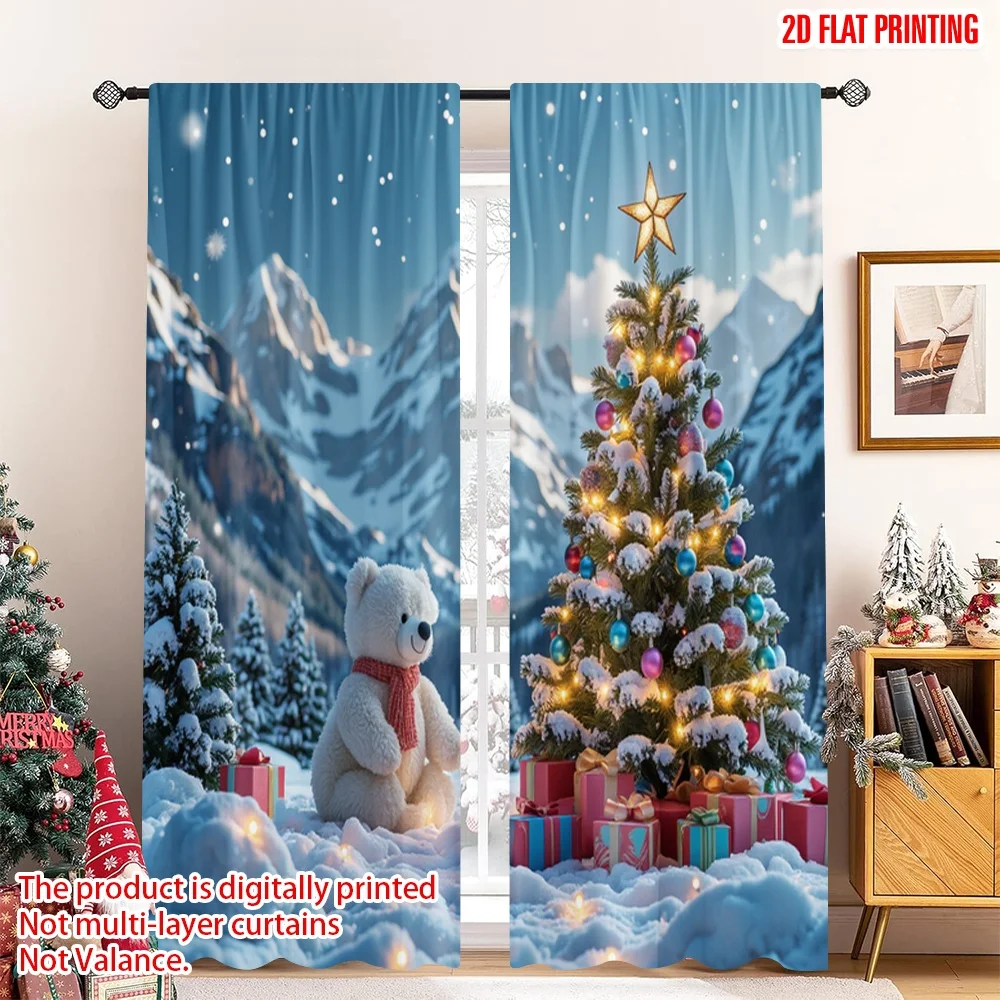 

2pcs 2D flat printing Merry Christmas Scene Curtains Winter Christmas Snow Forest Bear Polyester Without Electricity Holiday