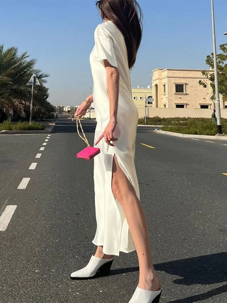 Trendix サイドスリットサテンドレス女性の夏のファッション半袖ハイウエスト A ラインドレスパーティーヴィンテージエレガントなイブニングドレス