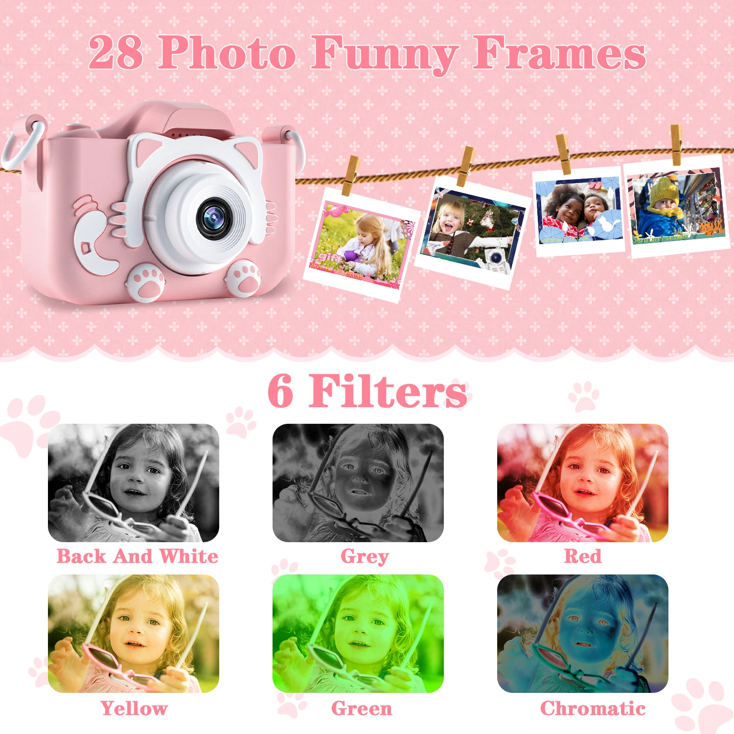 Kids Camera for Girls 1080P HD Toddlers Digital Video Record Camera for Birthday with 32GB SD Card 2 Inch IPS Screen Toy Cameras