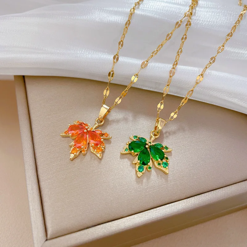 Retro Red Crystal Maple Leaf Pendant Necklace for Women Charm Gold Color Stainless Steel Wedding Bride Chokers Jewelry Accessory