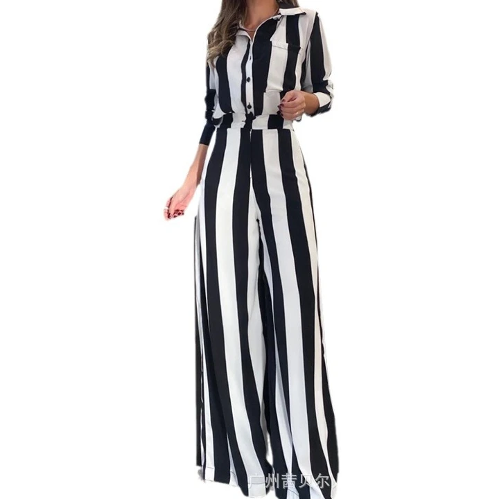 Striped Pocket Design Shirt & Wide Leg Pants Set Two Piece Set Women T Shirts Turn Down Collar Tops Trouser High Waist Pant Sets