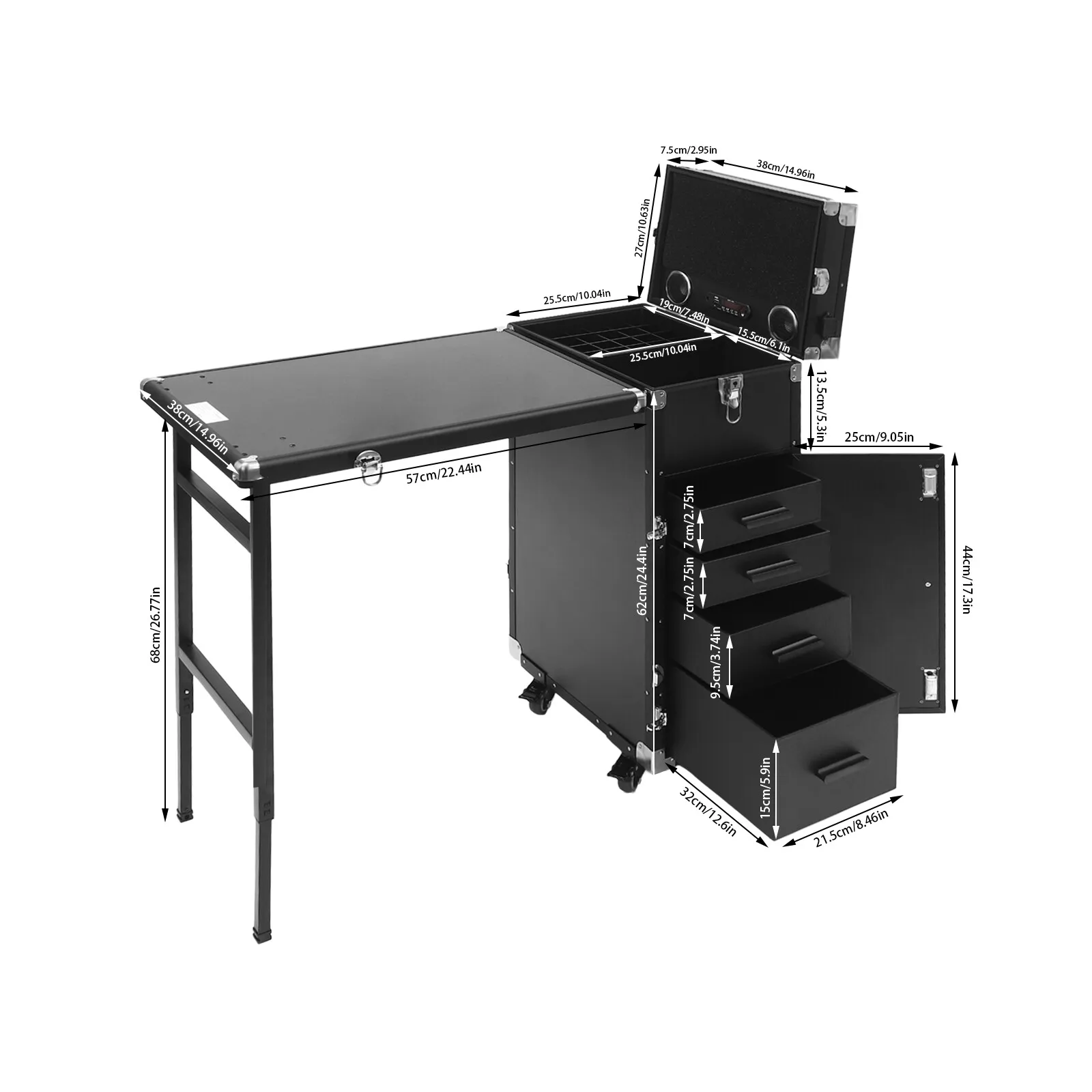 Czarny wózek kosmetyczny z Bluetooth, 2 wbudowanymi głośnikami, wieloma przegródkami do przechowywania, składanym stołem + 4 szuflady, długość 180 cm, zasilany.