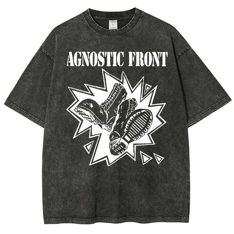 

AGNOSTIC FRONT Graphic Washed T-Shirt Pure Cotton Pattern Printed T-Shirt Trendy Summer New Men'S Loose Round Neck Short Sleeve