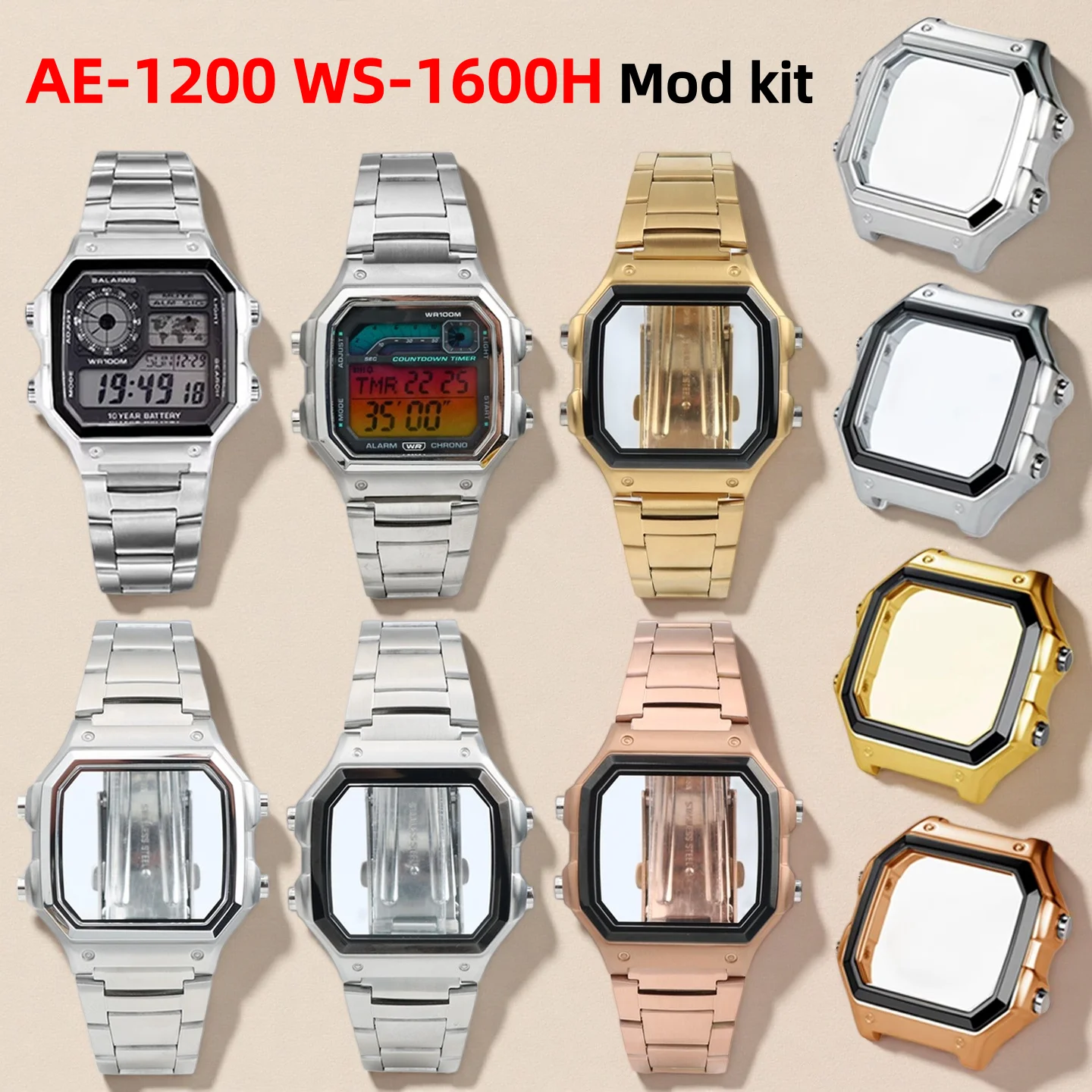 AE1200 WS-1600H modified metal case band For Casio AE-1200wh WS1600h mod kit upgrade Metal watch Bezel strap Watch Accessories