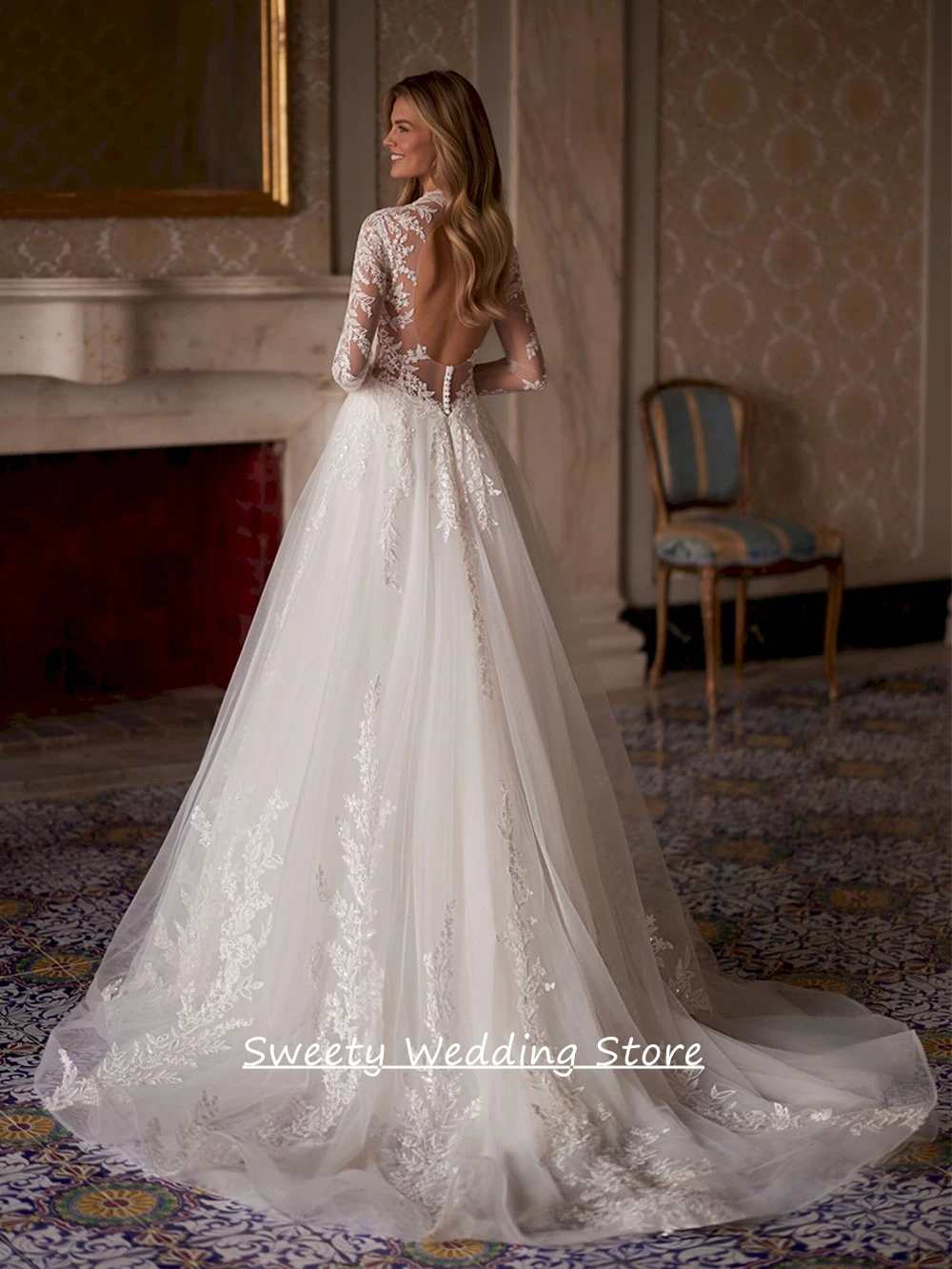 Customized Woman Bride Wedding Dress Gorgeous Long Sleeves Round Neck Illusion Beading Applique Bridal Gown Sweep Train