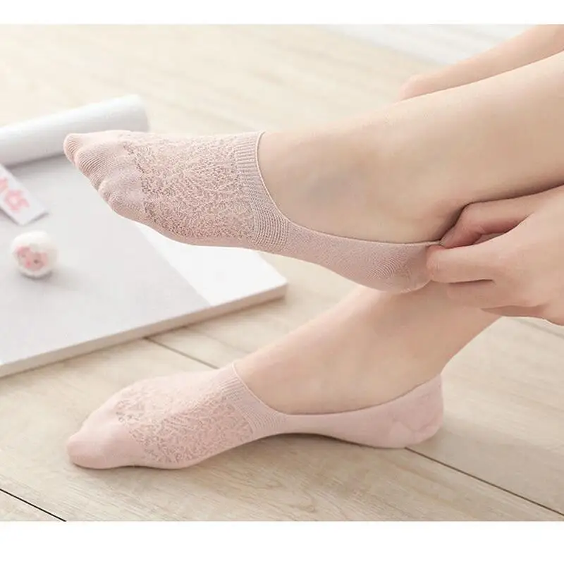 5 pares de verão fino feminino barco meias de silicone não-deslizamento cor pura algodão curto tubo socken oco rasa malha invisível meias