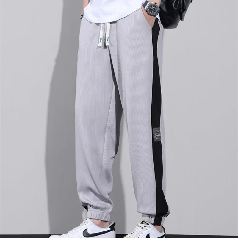 Versatile Street Thin Loose Breathable Sports Casual Pants Men\'s Trendy Pockets Patchwork Contrast Drawstring Straight Trousers