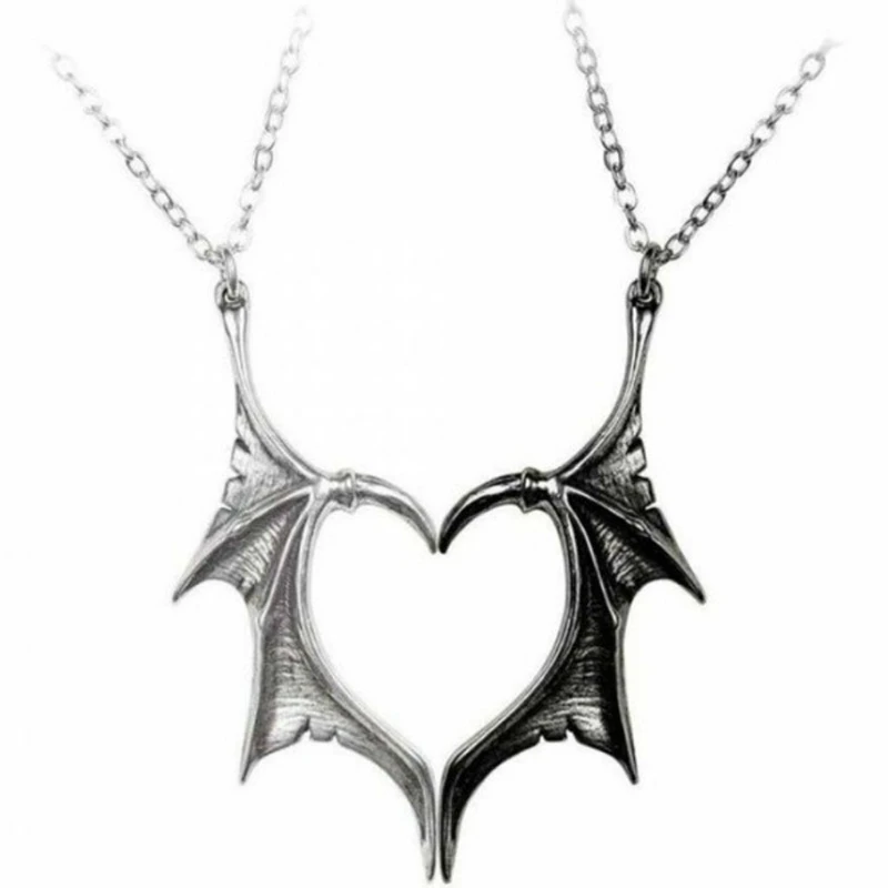 Fashion 2 Pieces Bat Wing Heart Couple Necklace Jewelry Decor Punk Heart Wing Matching Necklace for Women & Men NEW